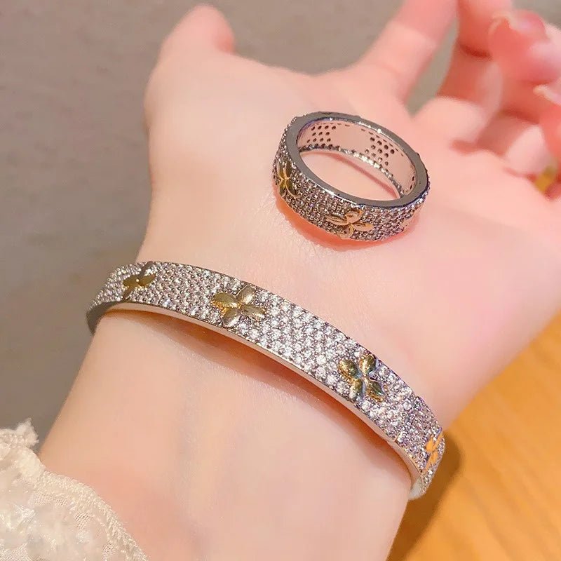 Luxury Lucky Flower bracelet Ring Set Encrusted With Sparkling Zircons Crystal Open Bangle Fashion Party Wear Jewelry Set - Tara's Tiny Treasures