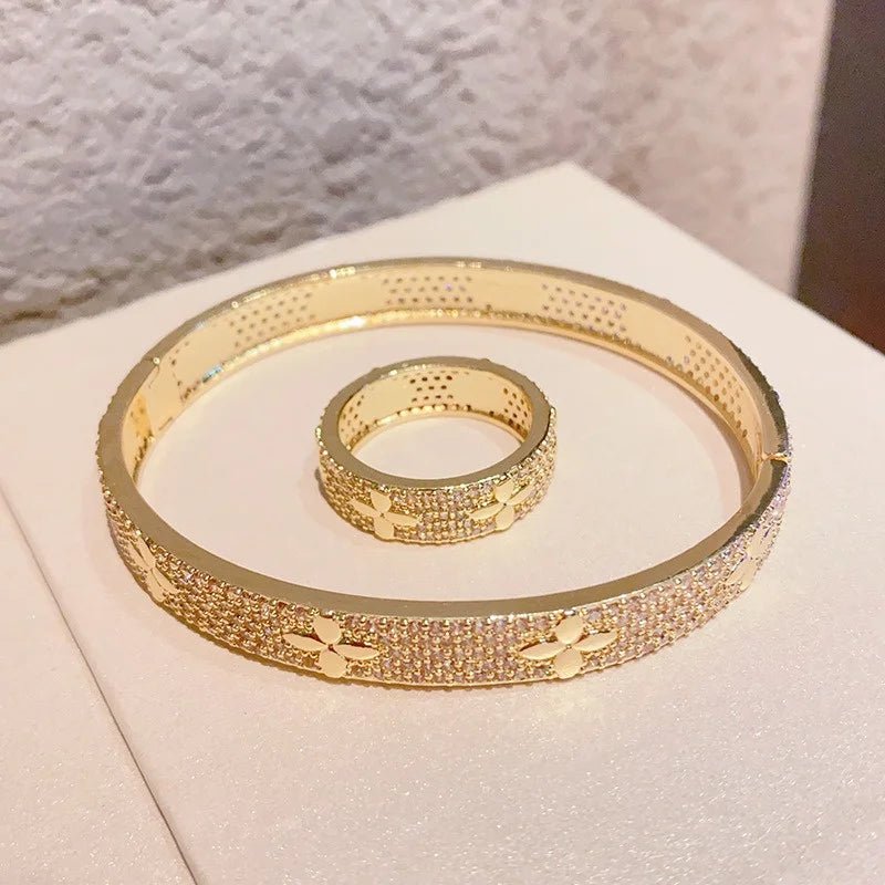 Luxury Lucky Flower bracelet Ring Set Encrusted With Sparkling Zircons Crystal Open Bangle Fashion Party Wear Jewelry Set - Tara's Tiny Treasures