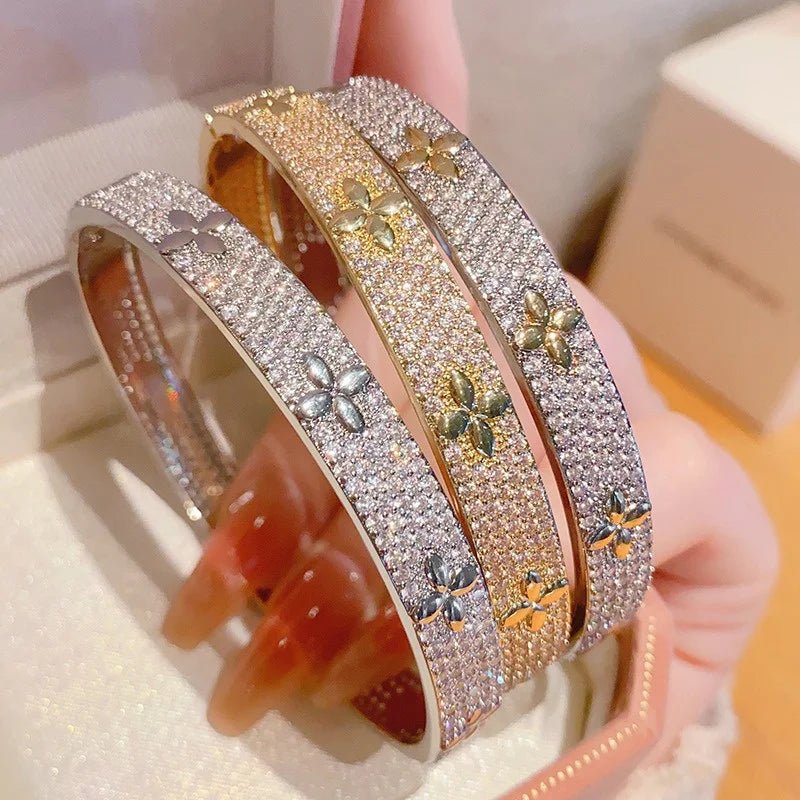 Luxury Lucky Flower bracelet Ring Set Encrusted With Sparkling Zircons Crystal Open Bangle Fashion Party Wear Jewelry Set - Tara's Tiny Treasures