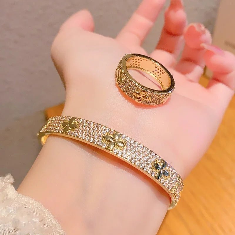 Luxury Lucky Flower bracelet Ring Set Encrusted With Sparkling Zircons Crystal Open Bangle Fashion Party Wear Jewelry Set - Tara's Tiny Treasures