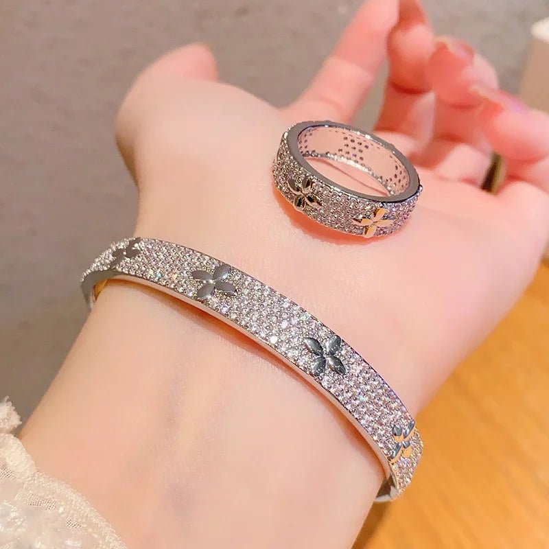 Luxury Lucky Flower bracelet Ring Set Encrusted With Sparkling Zircons Crystal Open Bangle Fashion Party Wear Jewelry Set - Tara's Tiny Treasures