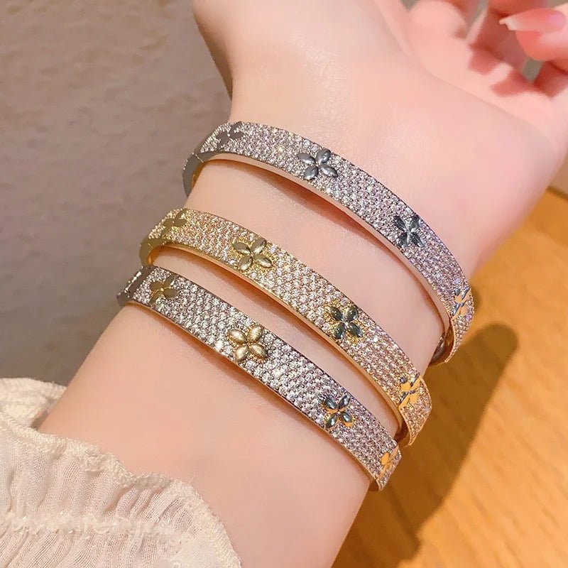 Luxury Lucky Flower bracelet Ring Set Encrusted With Sparkling Zircons Crystal Open Bangle Fashion Party Wear Jewelry Set - Tara's Tiny Treasures