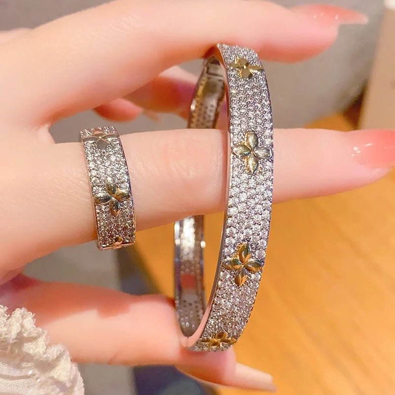 Luxury Lucky Flower bracelet Ring Set Encrusted With Sparkling Zircons Crystal Open Bangle Fashion Party Wear Jewelry Set - Tara's Tiny Treasures