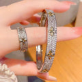 Luxury Lucky Flower bracelet Ring Set Encrusted With Sparkling Zircons Crystal Open Bangle Fashion Party Wear Jewelry Set - Tara's Tiny Treasures
