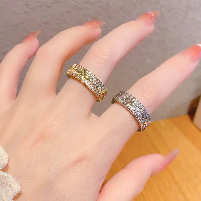 Luxury Lucky Flower bracelet Ring Set Encrusted With Sparkling Zircons Crystal Open Bangle Fashion Party Wear Jewelry Set - Tara's Tiny Treasures