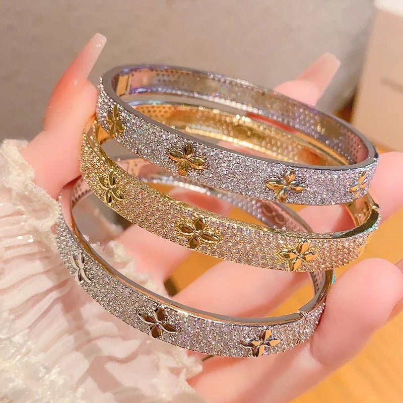 Luxury Lucky Flower bracelet Ring Set Encrusted With Sparkling Zircons Crystal Open Bangle Fashion Party Wear Jewelry Set - Tara's Tiny Treasures