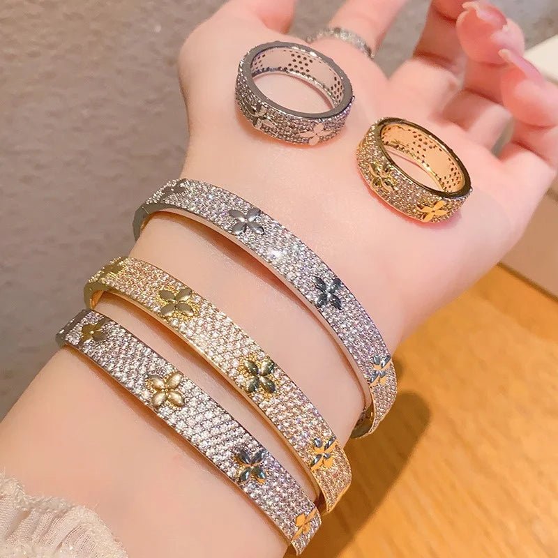 Luxury Lucky Flower bracelet Ring Set Encrusted With Sparkling Zircons Crystal Open Bangle Fashion Party Wear Jewelry Set - Tara's Tiny Treasures