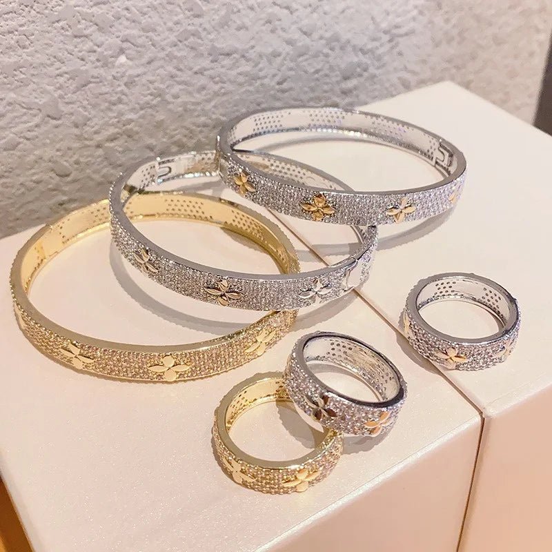 Luxury Lucky Flower bracelet Ring Set Encrusted With Sparkling Zircons Crystal Open Bangle Fashion Party Wear Jewelry Set - Tara's Tiny Treasures