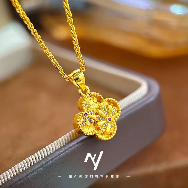 luxury real gold jewelry 24k certifid vitage diamond daisy four-leaf clover pendant clavicle necklace for girlfriend - Tara's Tiny Treasures