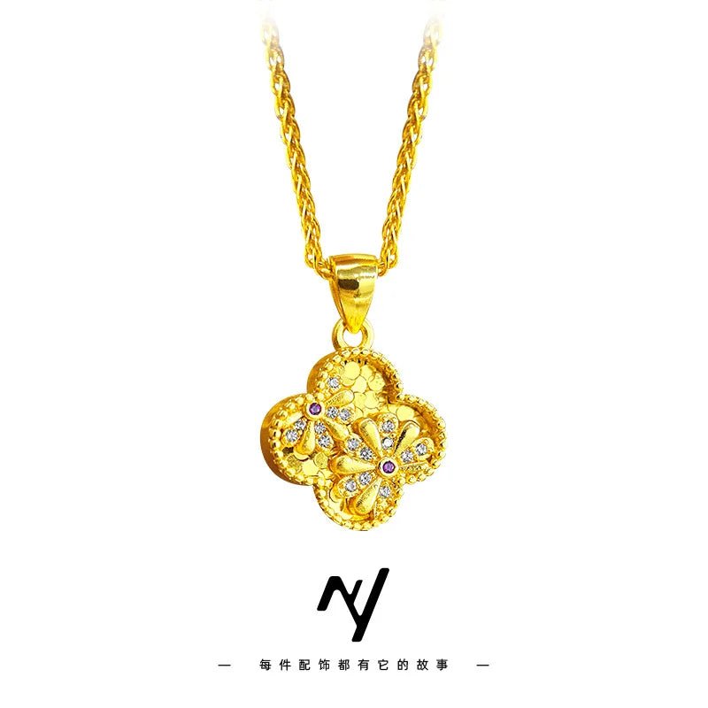 luxury real gold jewelry 24k certifid vitage diamond daisy four-leaf clover pendant clavicle necklace for girlfriend - Tara's Tiny Treasures