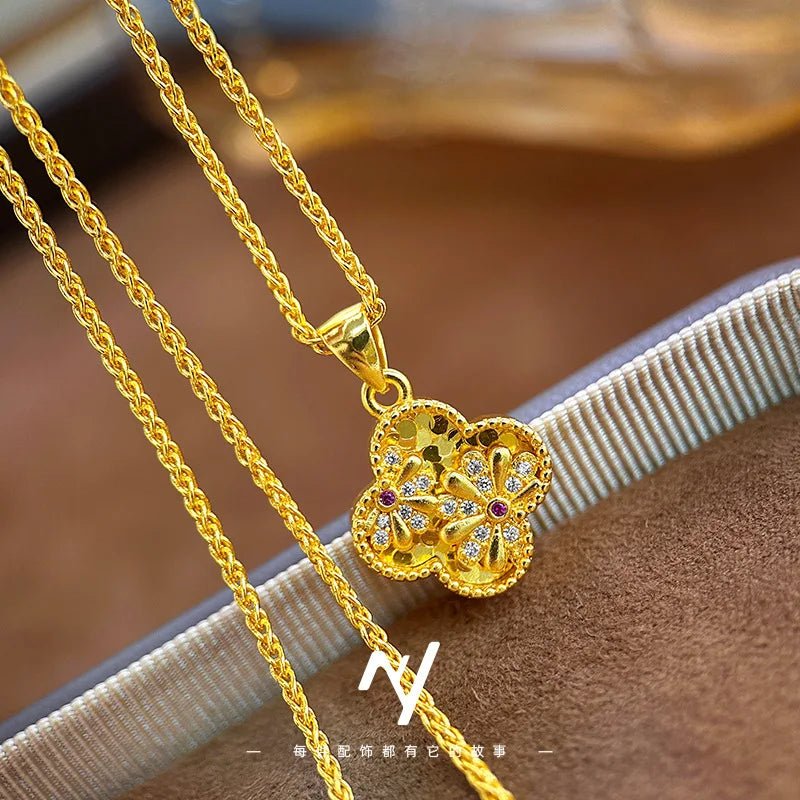 luxury real gold jewelry 24k certifid vitage diamond daisy four-leaf clover pendant clavicle necklace for girlfriend - Tara's Tiny Treasures