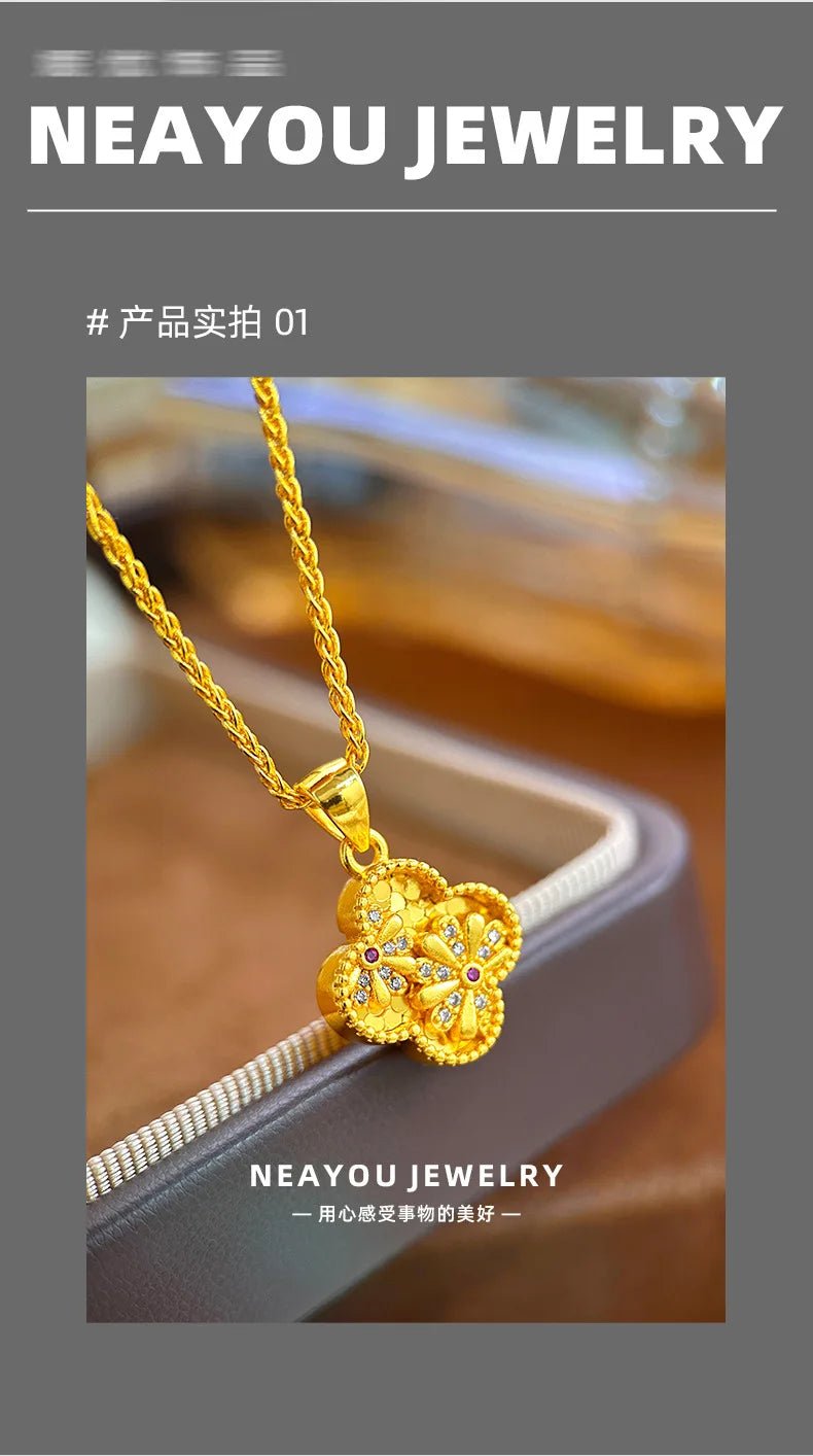 luxury real gold jewelry 24k certifid vitage diamond daisy four-leaf clover pendant clavicle necklace for girlfriend - Tara's Tiny Treasures