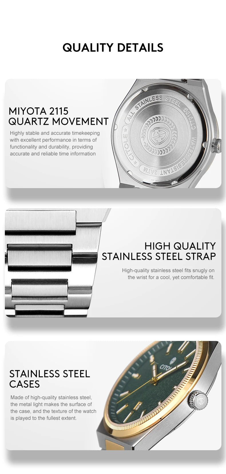 Luxury Sports Watch for Men Waterproof Stainless Steel MIYOTA 2115 Quartz Movement CT7010G - Tara's Tiny Treasures