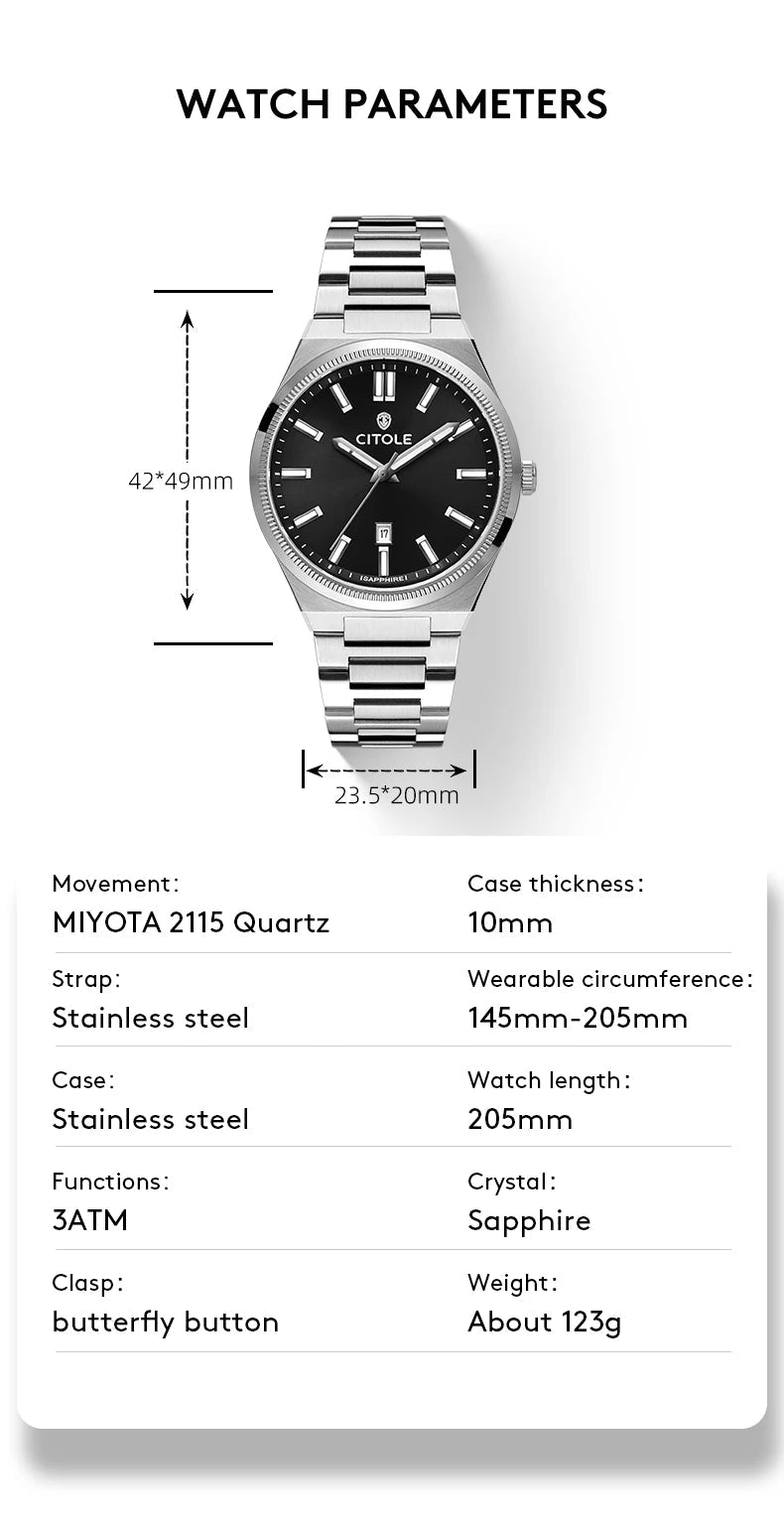 Luxury Sports Watch for Men Waterproof Stainless Steel MIYOTA 2115 Quartz Movement CT7010G - Tara's Tiny Treasures