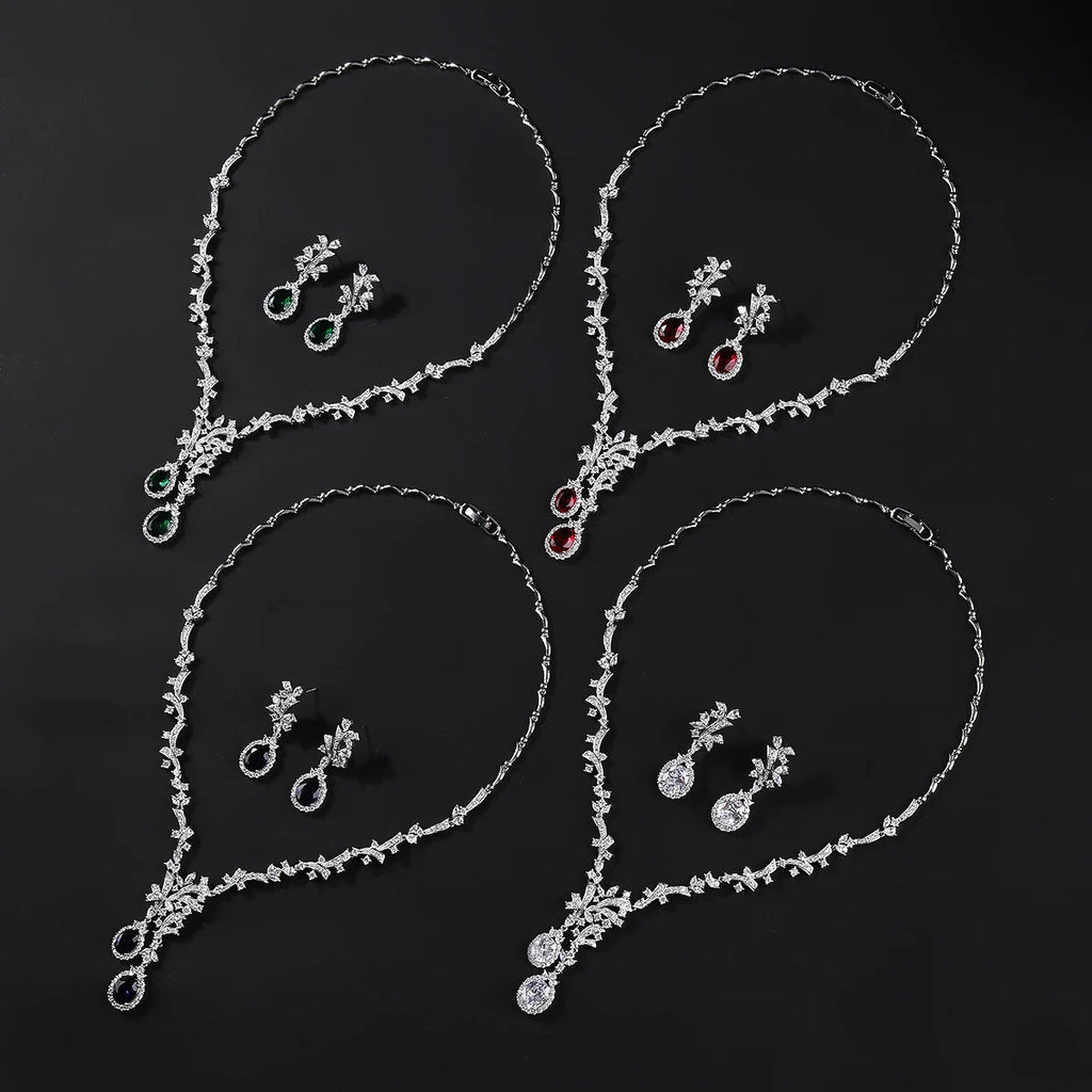 Luxury Women Necklace and Earring Set Zirconia Silver Color Red and Green Wedding Jewelry Set CN11070 - Tara's Tiny Treasures