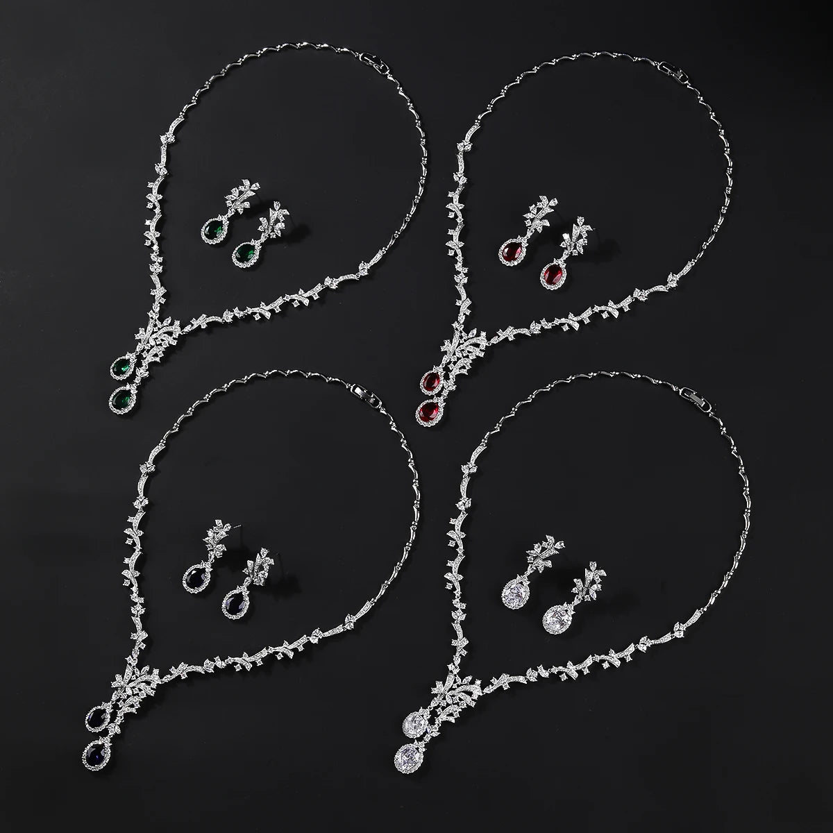 Luxury Women Necklace and Earring Set Zirconia Silver Color Red and Green Wedding Jewelry Set CN11070 - Tara's Tiny Treasures