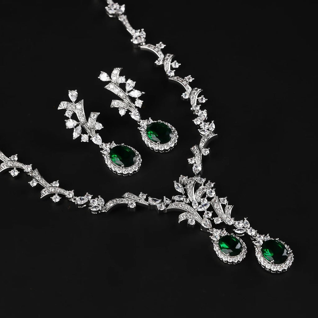 Luxury Women Necklace and Earring Set Zirconia Silver Color Red and Green Wedding Jewelry Set CN11070 - Tara's Tiny Treasures