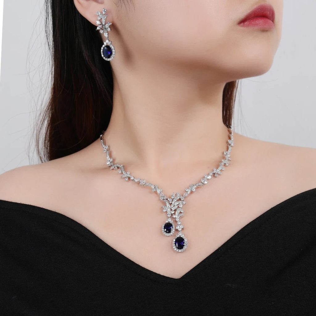 Luxury Women Necklace and Earring Set Zirconia Silver Color Red and Green Wedding Jewelry Set CN11070 - Tara's Tiny Treasures