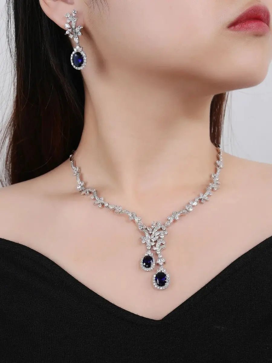 Luxury Women Necklace and Earring Set Zirconia Silver Color Red and Green Wedding Jewelry Set CN11070 - Tara's Tiny Treasures