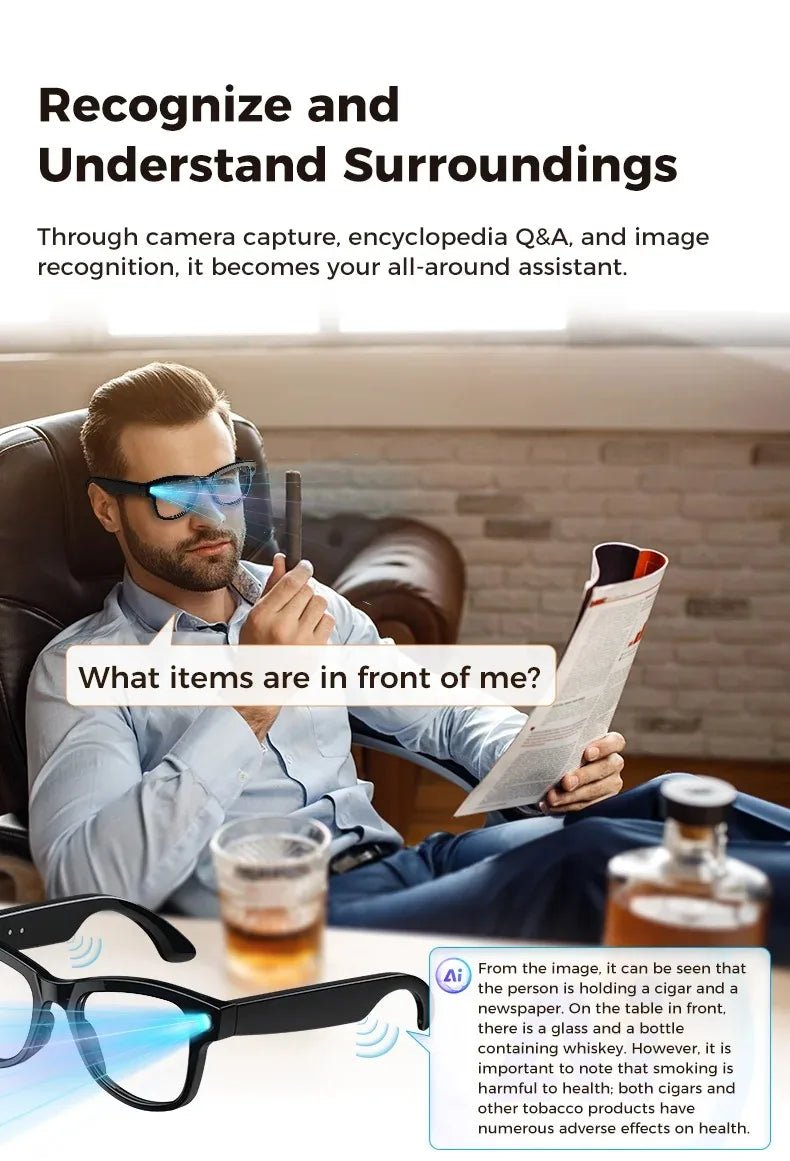 M02 AI Smart Glasses 8MP Camera Video Recording 100+Languages Translation Sunglasses Bluetooth Call Music Play with Charging Box - Tara's Tiny Treasures