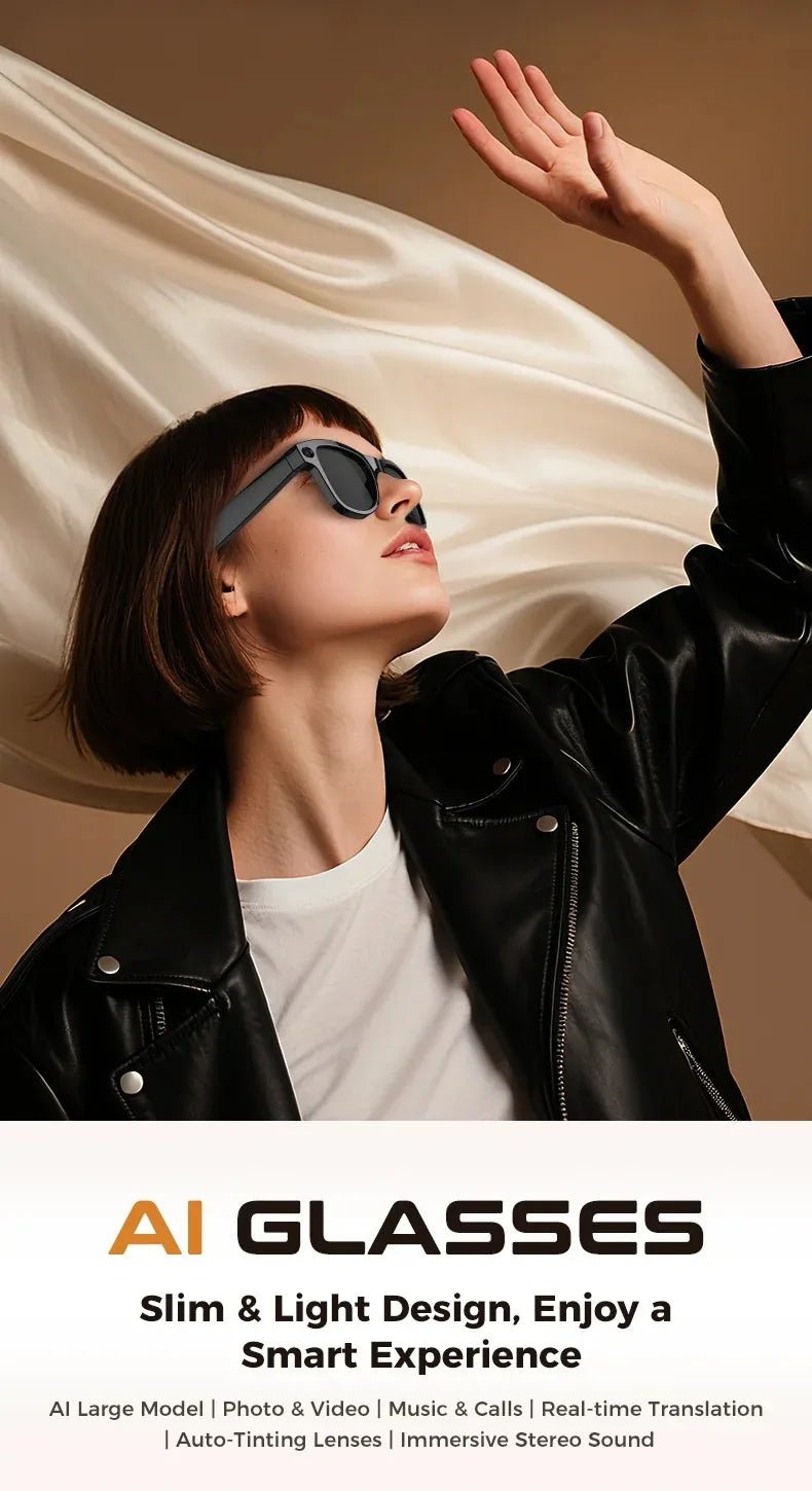 M02 AI Smart Glasses 8MP Camera Video Recording 100+Languages Translation Sunglasses Bluetooth Call Music Play with Charging Box - Tara's Tiny Treasures
