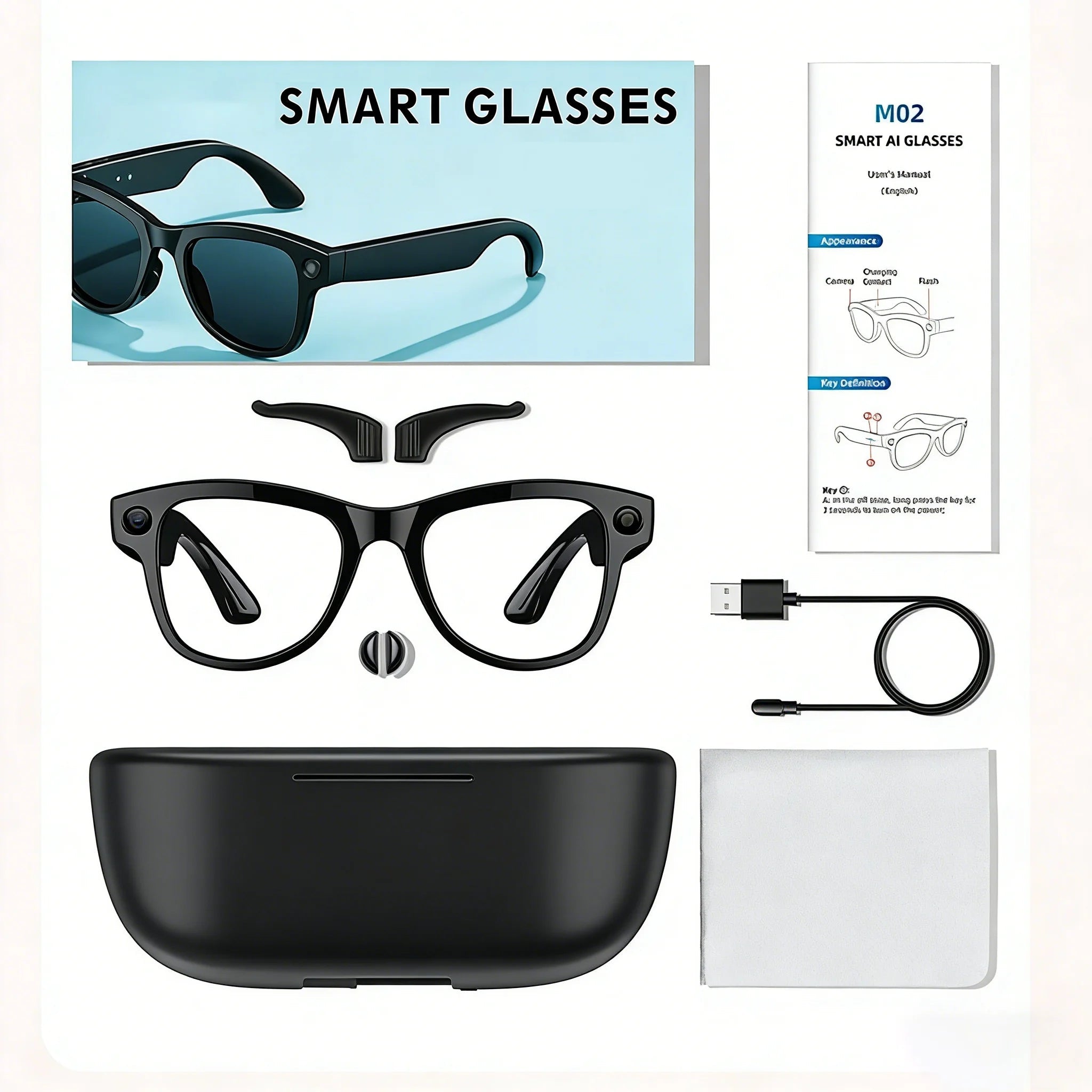 M02 AI Smart Glasses 8MP Camera Video Recording 100+Languages Translation Sunglasses Bluetooth Call Music Play with Charging Box - Tara's Tiny Treasures