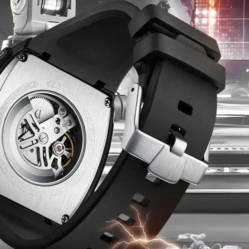 Mark Fairwhale 6003 Fashion Sport Mechanical Watch for Men Tonneau Dial Military Analog Automatic Wristwatch SRubber Strap 2025 - Tara's Tiny Treasures