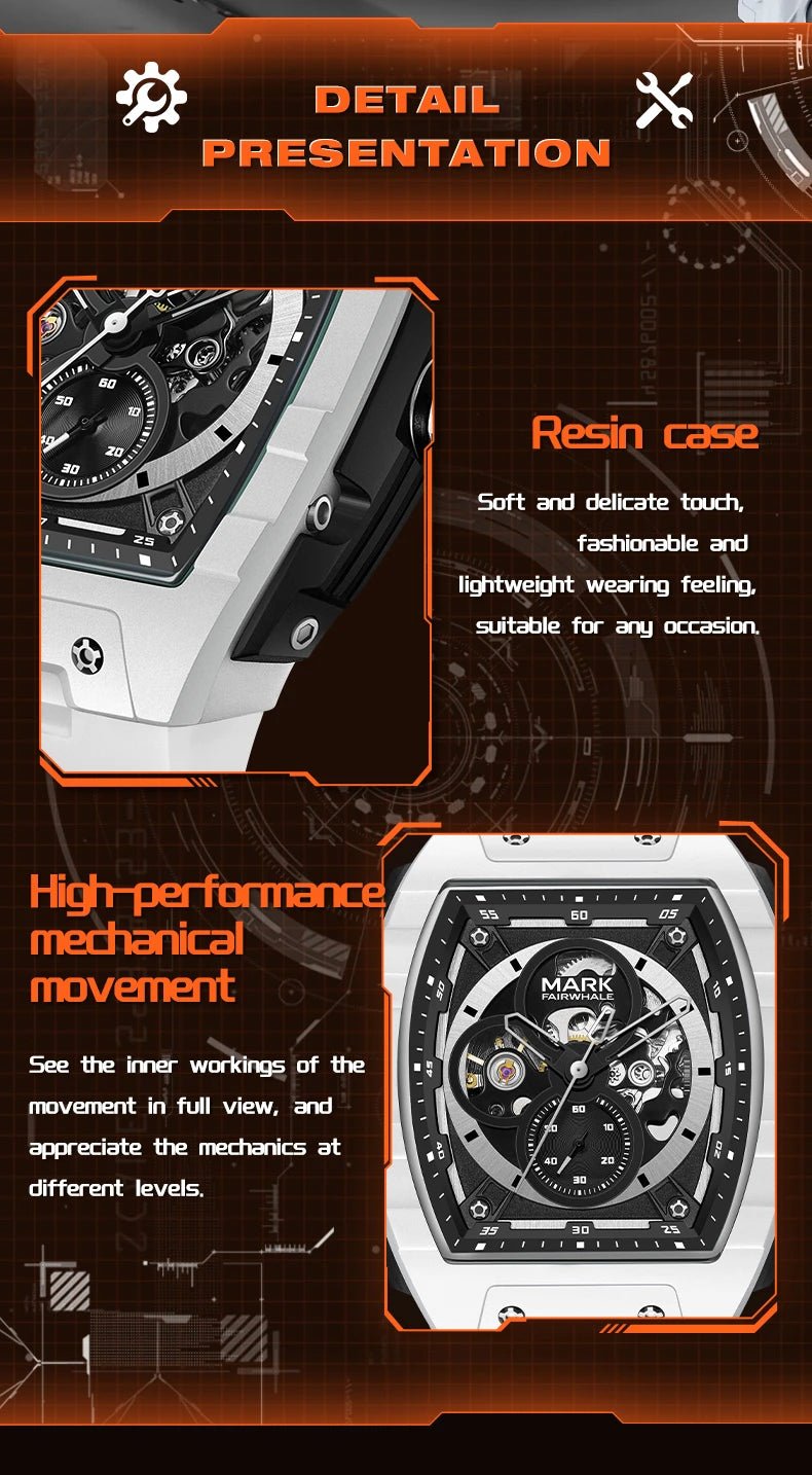 Mark Fairwhale 6003 Fashion Sport Mechanical Watch for Men Tonneau Dial Military Analog Automatic Wristwatch SRubber Strap 2025 - Tara's Tiny Treasures