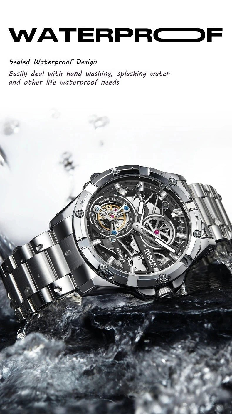 Mark Fairwhale Men's Automatic Mechanical Watch Luxury Stainless Steel Waterproof Luminous Fashion Hollow Tourbillon Watches Men - Tara's Tiny Treasures