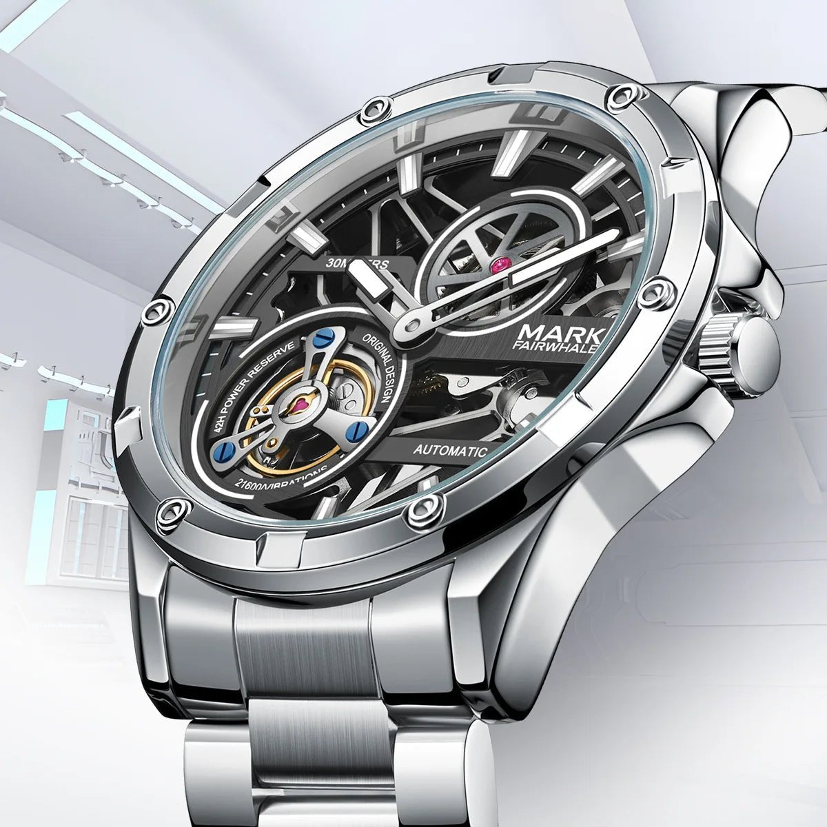 Mark Fairwhale Men's Automatic Mechanical Watch Luxury Stainless Steel Waterproof Luminous Fashion Hollow Tourbillon Watches Men - Tara's Tiny Treasures