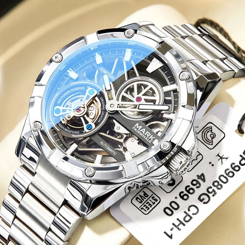 Mark Fairwhale Men's Automatic Mechanical Watch Luxury Stainless Steel Waterproof Luminous Fashion Hollow Tourbillon Watches Men - Tara's Tiny Treasures