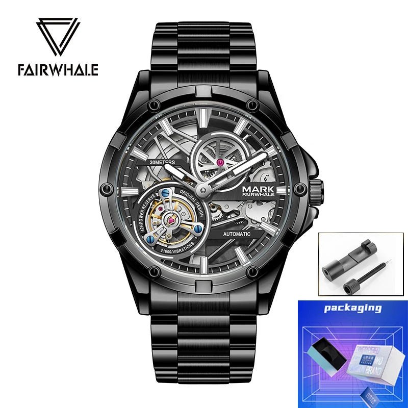 Mark Fairwhale Men's Automatic Mechanical Watch Luxury Stainless Steel Waterproof Luminous Fashion Hollow Tourbillon Watches Men - Tara's Tiny Treasures
