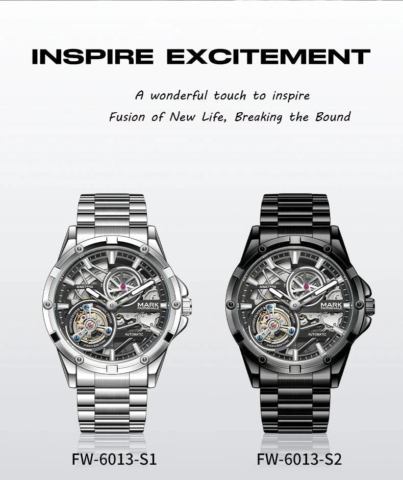 Mark Fairwhale Men's Automatic Mechanical Watch Luxury Stainless Steel Waterproof Luminous Fashion Hollow Tourbillon Watches Men - Tara's Tiny Treasures