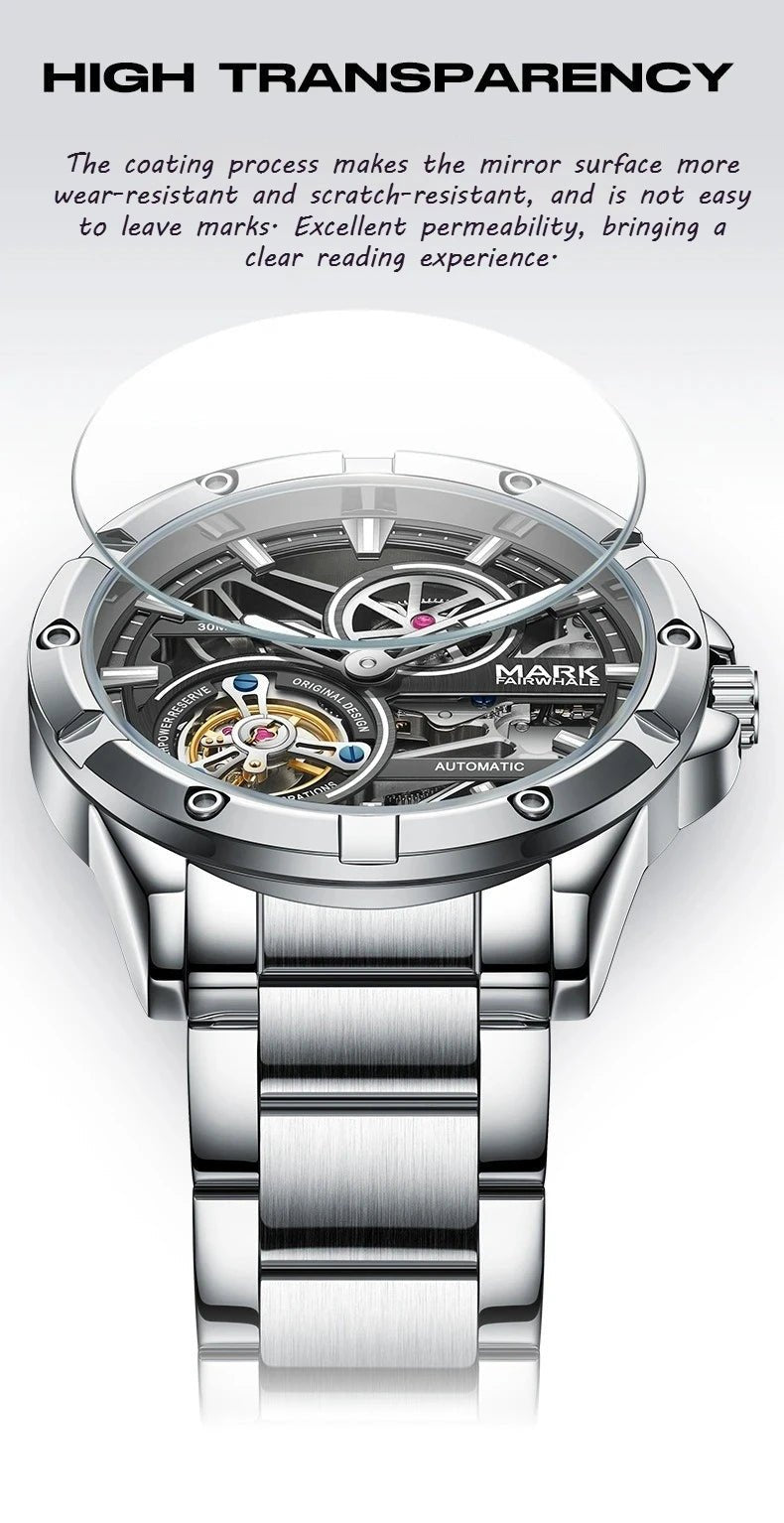Mark Fairwhale Men's Automatic Mechanical Watch Luxury Stainless Steel Waterproof Luminous Fashion Hollow Tourbillon Watches Men - Tara's Tiny Treasures