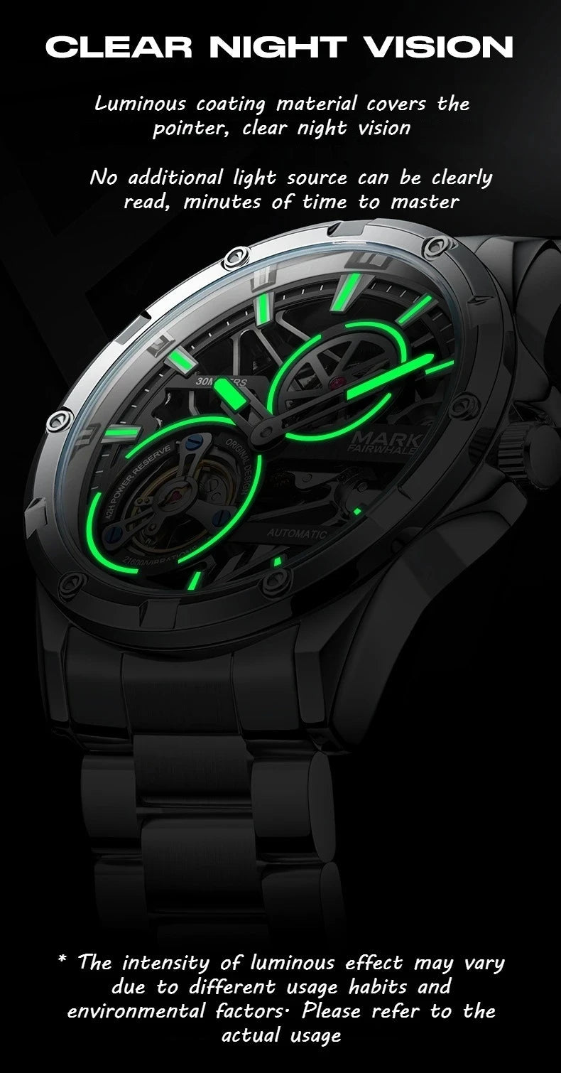 Mark Fairwhale Men's Automatic Mechanical Watch Luxury Stainless Steel Waterproof Luminous Fashion Hollow Tourbillon Watches Men - Tara's Tiny Treasures