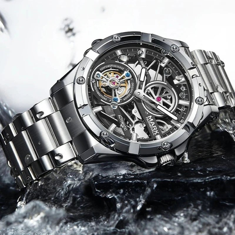 Mark Fairwhale Men's Automatic Mechanical Watch Luxury Stainless Steel Waterproof Luminous Fashion Hollow Tourbillon Watches Men - Tara's Tiny Treasures