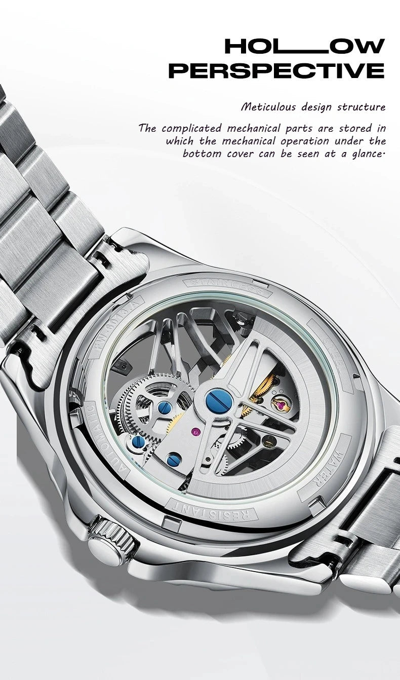 Mark Fairwhale Men's Automatic Mechanical Watch Luxury Stainless Steel Waterproof Luminous Fashion Hollow Tourbillon Watches Men - Tara's Tiny Treasures