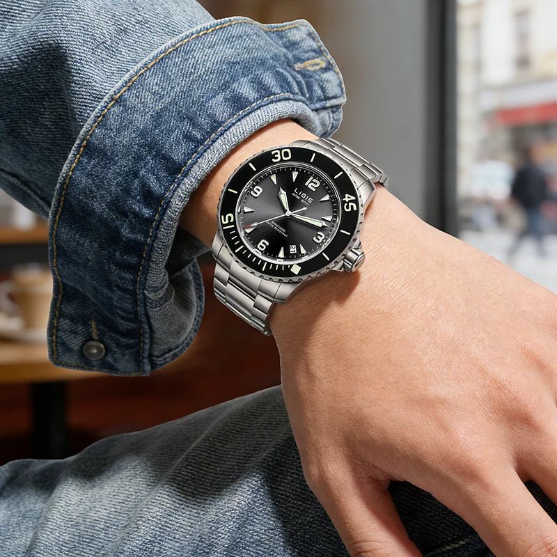 Men's Classic Black Disc Quartz Watch with Steel Strip Luminous Calendar Waterproof Leisure Sports Watch - Tara's Tiny Treasures