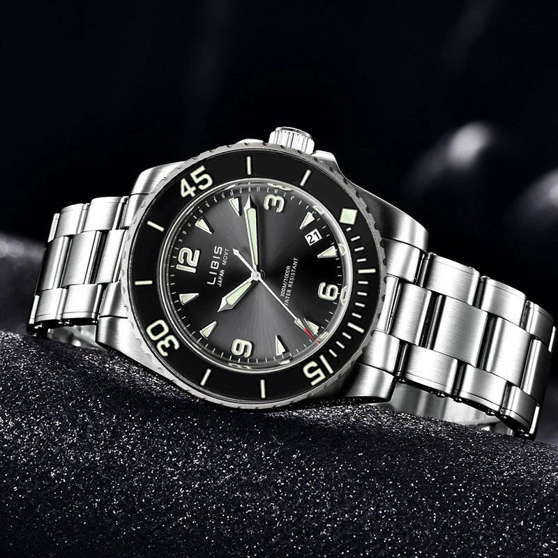 Men's Classic Black Disc Quartz Watch with Steel Strip Luminous Calendar Waterproof Leisure Sports Watch - Tara's Tiny Treasures