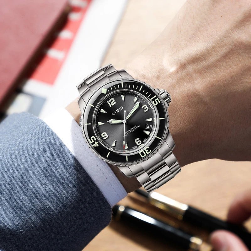 Men's Classic Black Disc Quartz Watch with Steel Strip Luminous Calendar Waterproof Leisure Sports Watch - Tara's Tiny Treasures