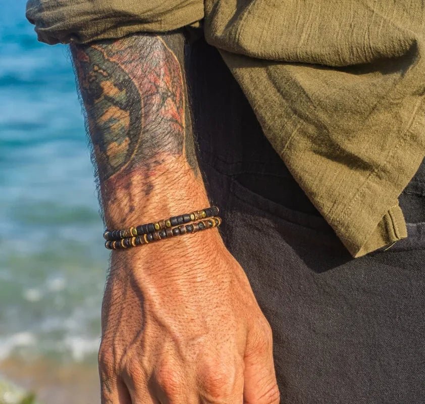 Mens Lava Stone Beaded Black Gemstone And Stainless Steel Waterproof Bracelet - Tara's Tiny Treasures