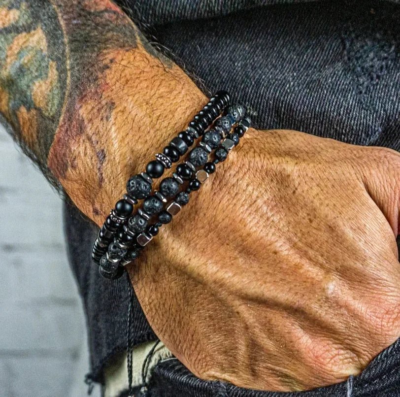 Mens Lava Stone Beaded Black Gemstone And Stainless Steel Waterproof Bracelet - Tara's Tiny Treasures