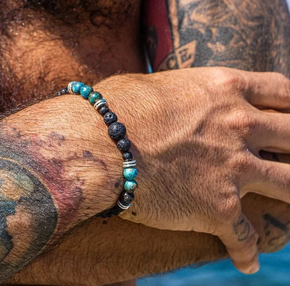 Mens Lava Stone Beaded Black Gemstone And Stainless Steel Waterproof Bracelet - Tara's Tiny Treasures