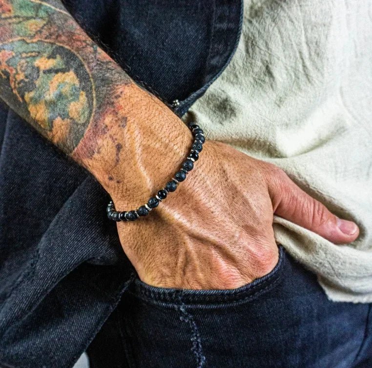 Mens Lava Stone Beaded Black Gemstone And Stainless Steel Waterproof Bracelet - Tara's Tiny Treasures