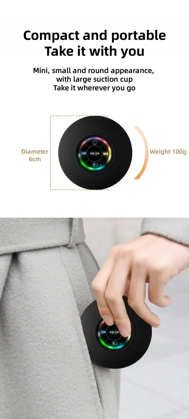 Mini Portable Bluetooth Audio IPX4 Waterproof Led Lights Bathroom Outdoor Large Suction Cup Can Be Adsorbed Wall Speaker - Tara's Tiny Treasures