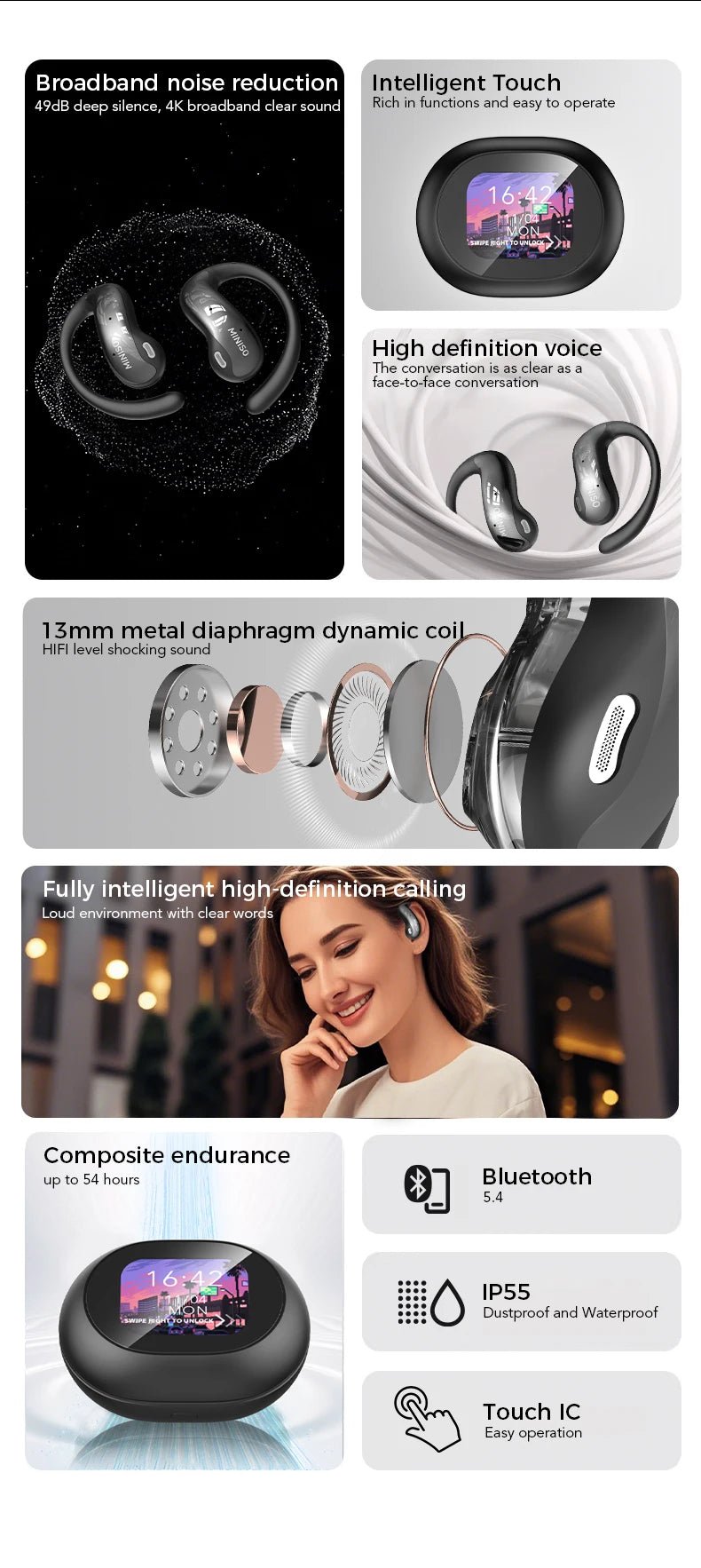 MINISO MS188 Bluetooth Earphone AI Translation Earbuds HD LED Screen OWS Sport Wireless Headphones Long Battery Life - Tara's Tiny Treasures