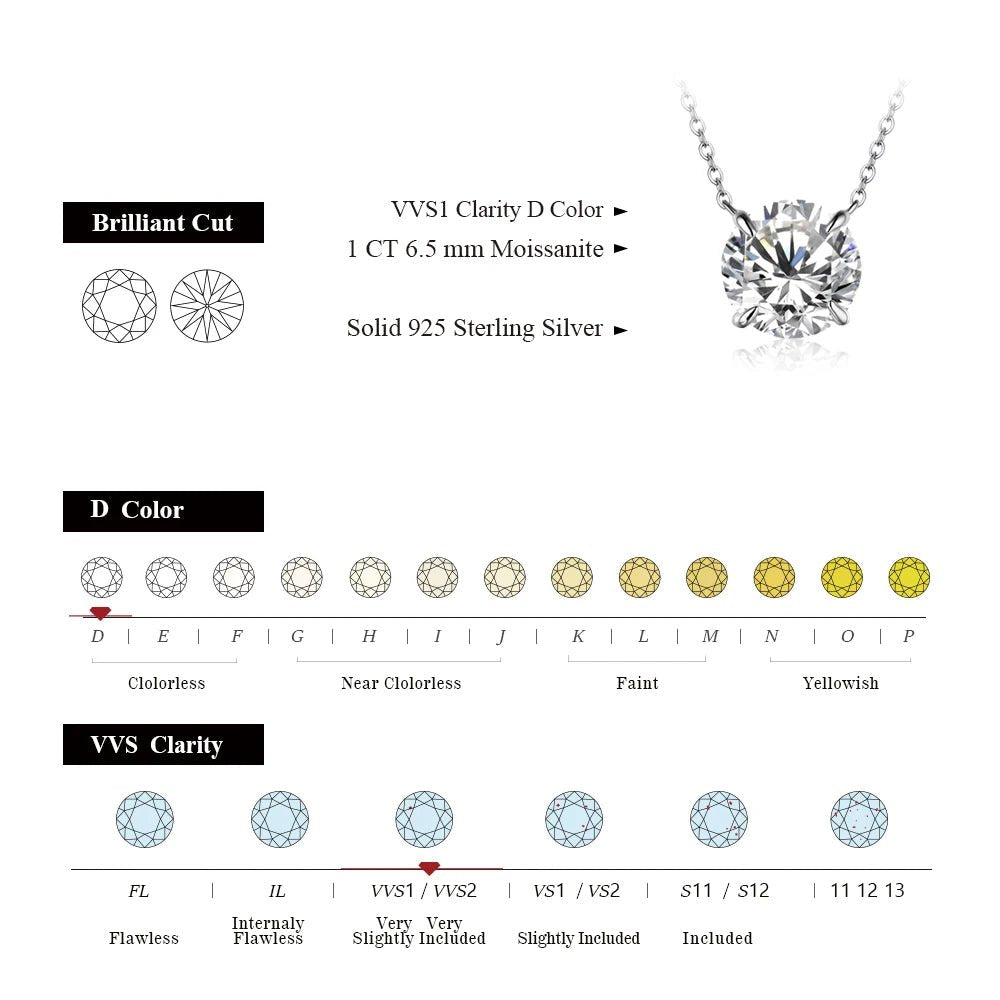Moissanite Diamond 6.5mm 1CT Necklace For Woman Pendant 925 Silver Necklace For Women Chains Party Bridal Fine Jewelry - Tara's Tiny Treasures