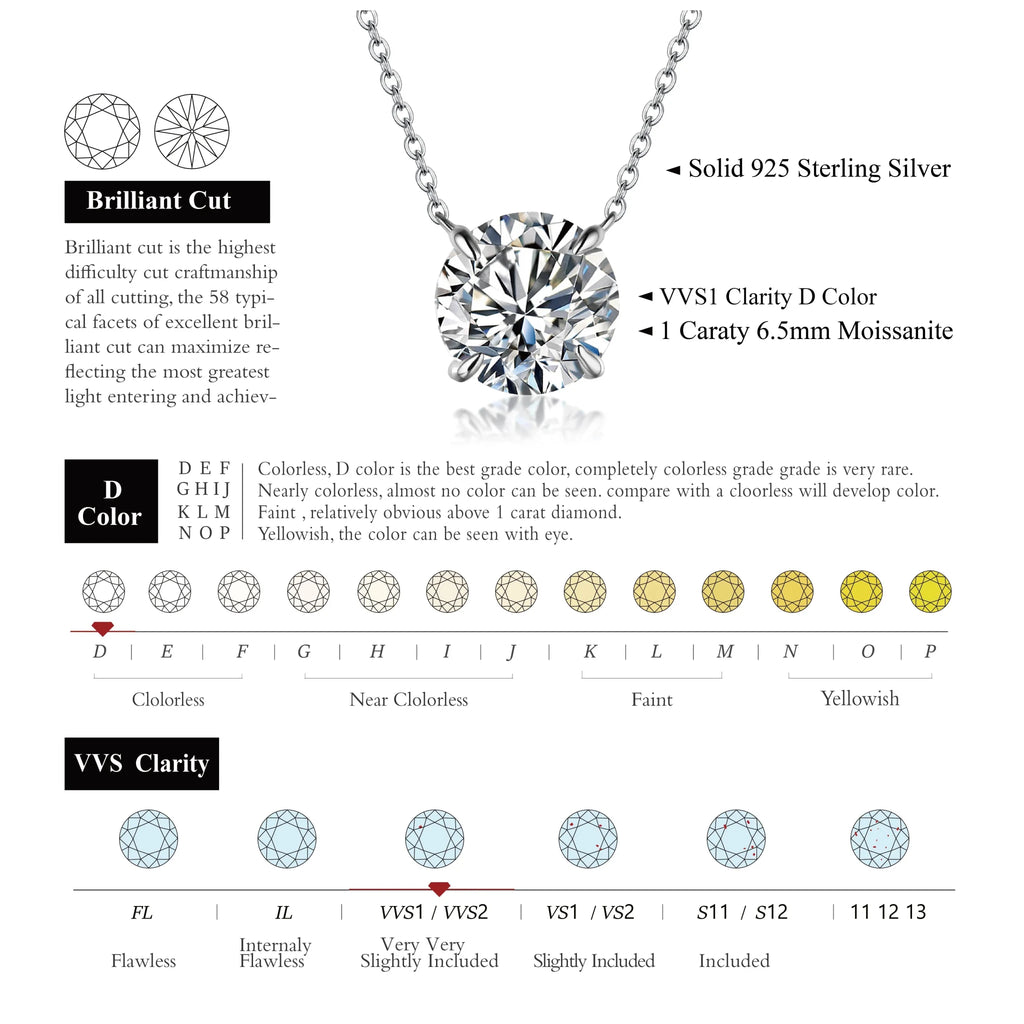 Moissanite Diamond 6.5mm 1CT Necklace For Woman Pendant 925 Silver Necklace For Women Chains Party Bridal Fine Jewelry - Tara's Tiny Treasures
