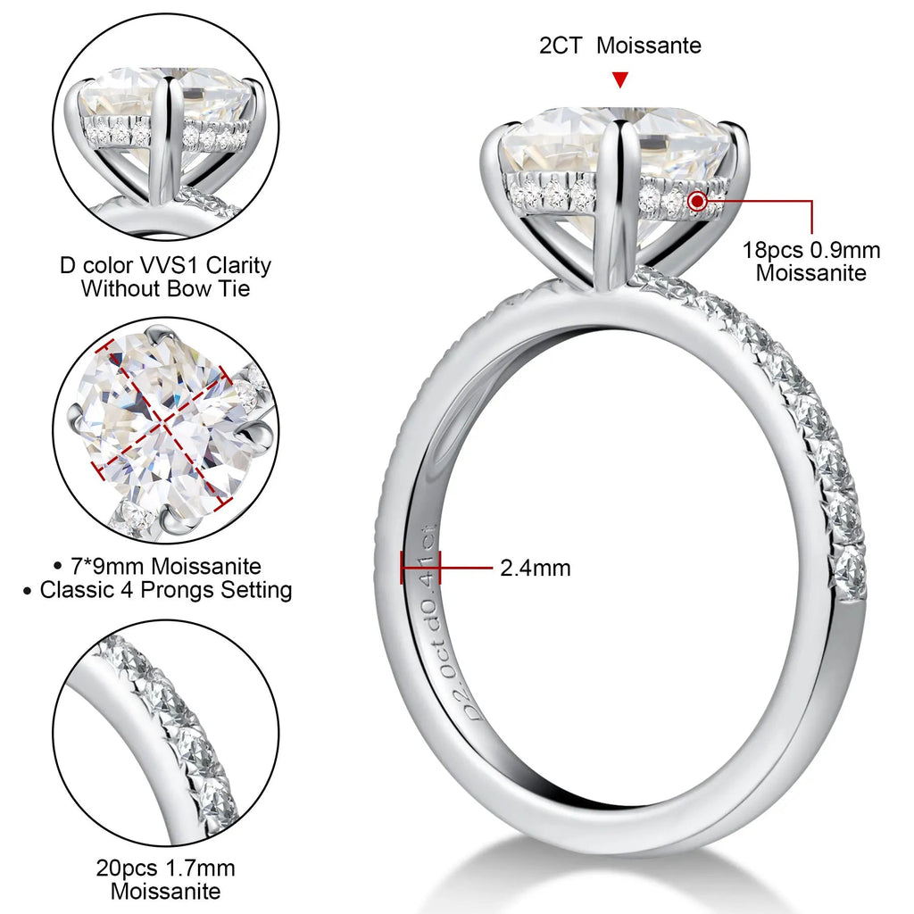 Moissanite Ring 925 Sterling Silver Original Certified 18K White Gold Plated 2ct Diamond Engagement Rings for Women Fine Jewelry - Tara's Tiny Treasures