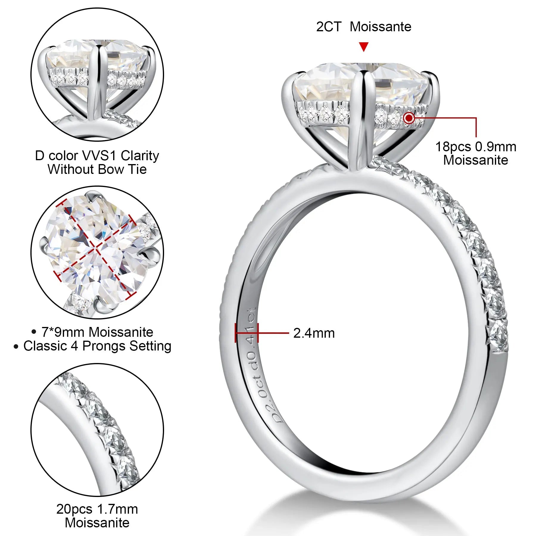 Moissanite Ring 925 Sterling Silver Original Certified 18K White Gold Plated 2ct Diamond Engagement Rings for Women Fine Jewelry - Tara's Tiny Treasures